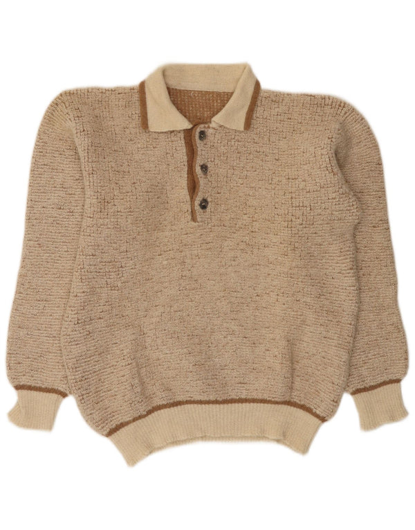 Vintage Herre Polo Neck Jumper Sweater Medium Beige Flecked Alpaca Wool