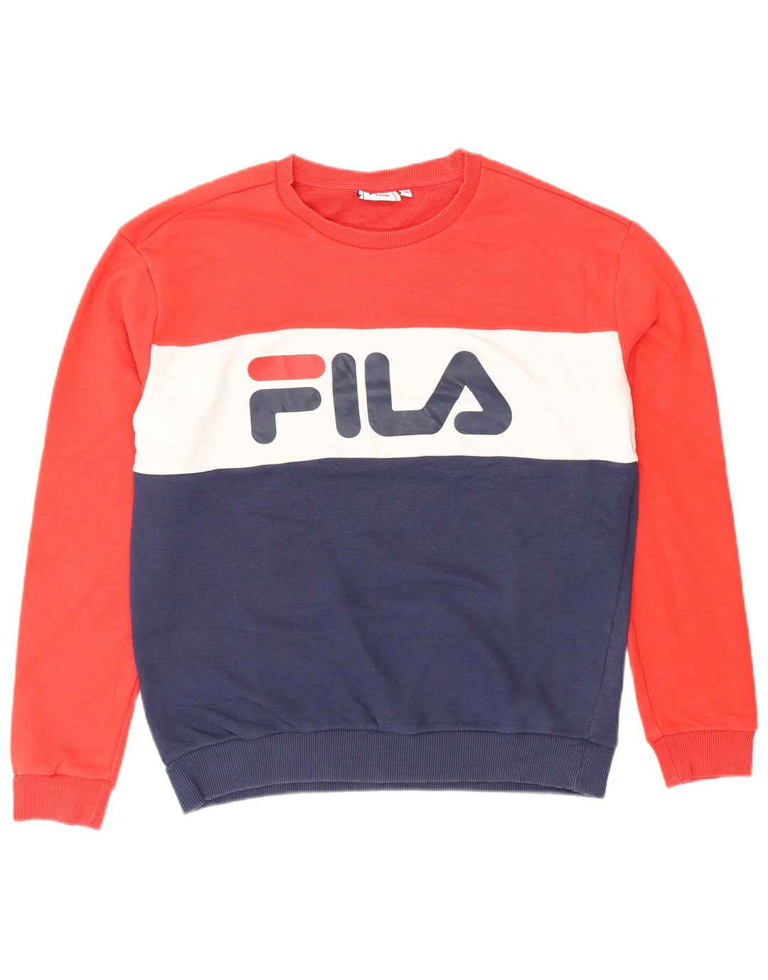 FILA Womens Graphic Sweatshirt Jumper UK 14 Medium Navy Blue Colourblock