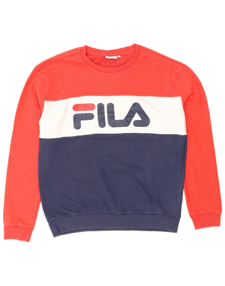 FILA Womens Graphic Sweatshirt Jumper UK 14 Medium Navy Blue Colourblock