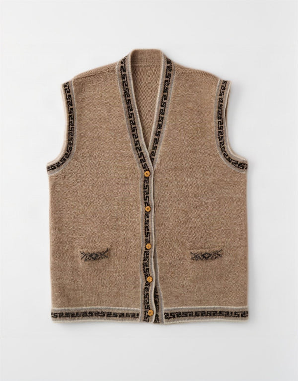 Vintage Womens Sleeveless Cardigan Sweater UK 16 Large Grey Geometric