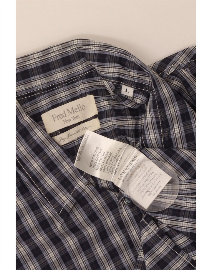 Fred Mello Mens Short Sleeve Shirt Large Navy Blue Check Cotton