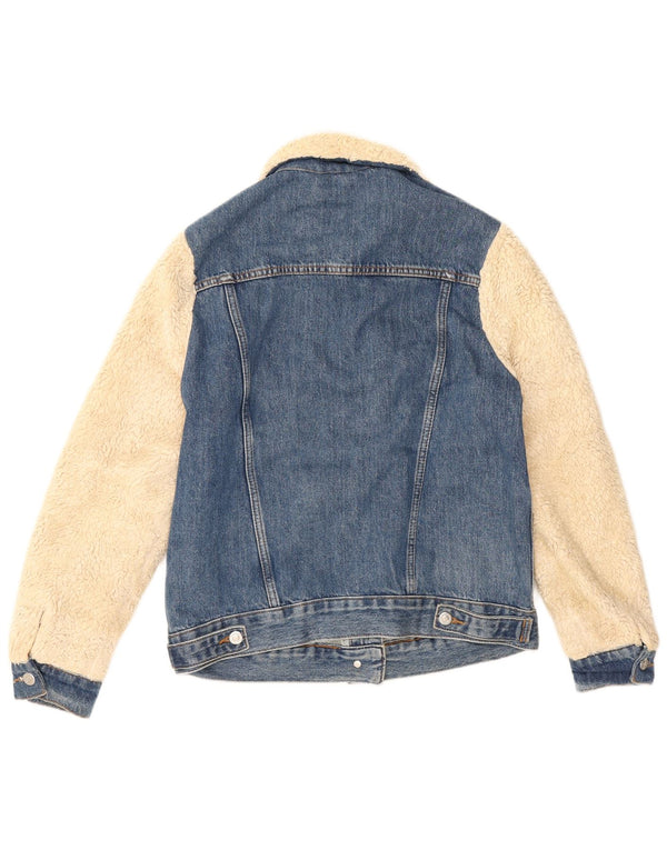 Topshop Womens Loose Fit Faux Fur Denim Jacket UK 6 XS Blue Colourblock