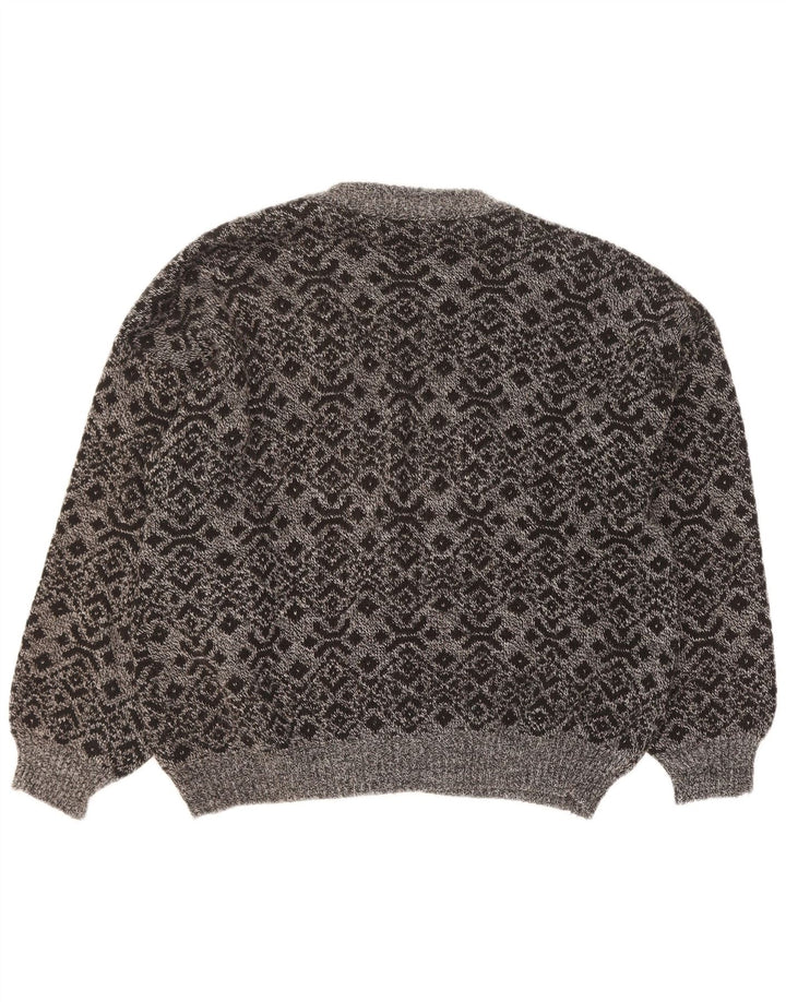 vintage Mens Cardigan Pull Grand Gris Géométrique