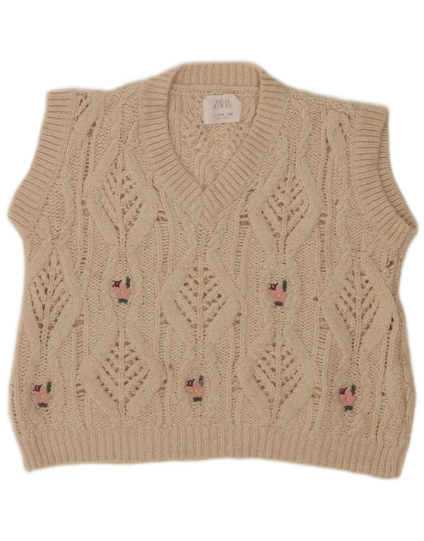 Zara Girls Vest Tank Top 11-12 Years Beige Floral Acrylic