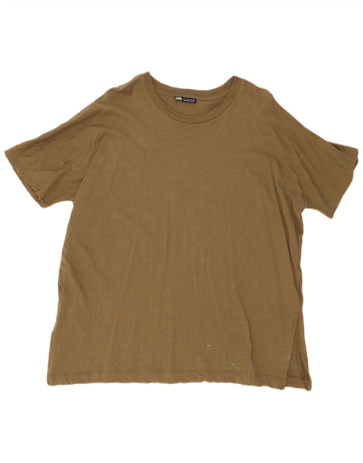 ZARA Mens T-Shirt Top Large Khaki Cotton