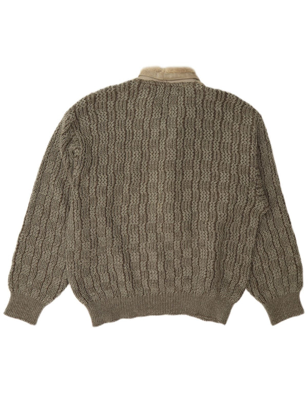 Vintage Mens Shawl Neck Jumper Sweater Large Grey Colourblock Wool