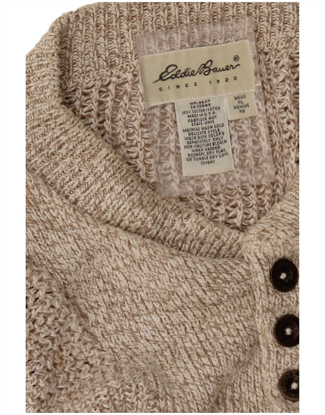 EDDIE BAUER Pulover supradimensionat pentru bărbați, cu gât cu nasturi, XL, bej, pete