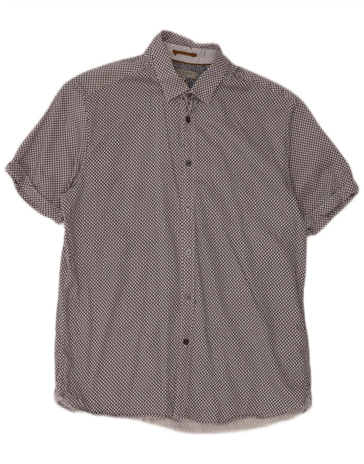 Ted Baker Mens Short Sleeve Shirt Size 4 Large Navy Blue Geometric Cotton