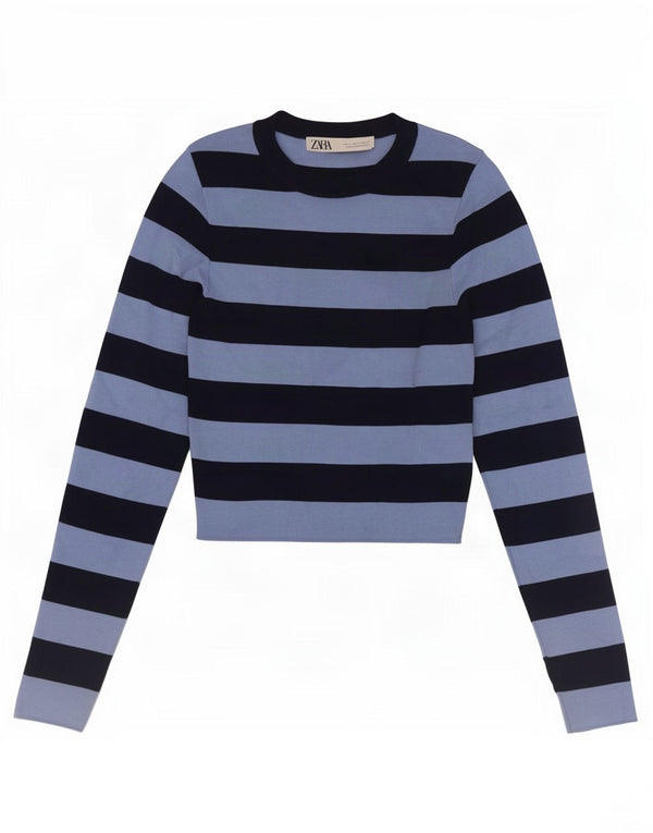Zara Womens Crop Top Long Sleeve UK 8 Small Blue Striped