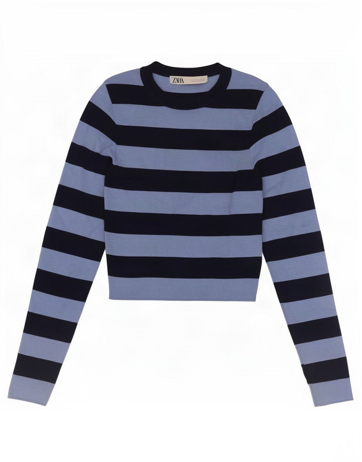 Zara Dame Crop Top Langærmet UK 8 Lille Blå Stribet