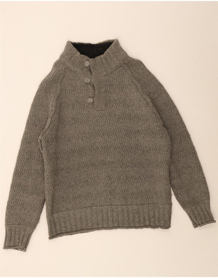 FAT FACE Mens Button Neck Jumper Sweater 2XL Grey Herringbone Wool