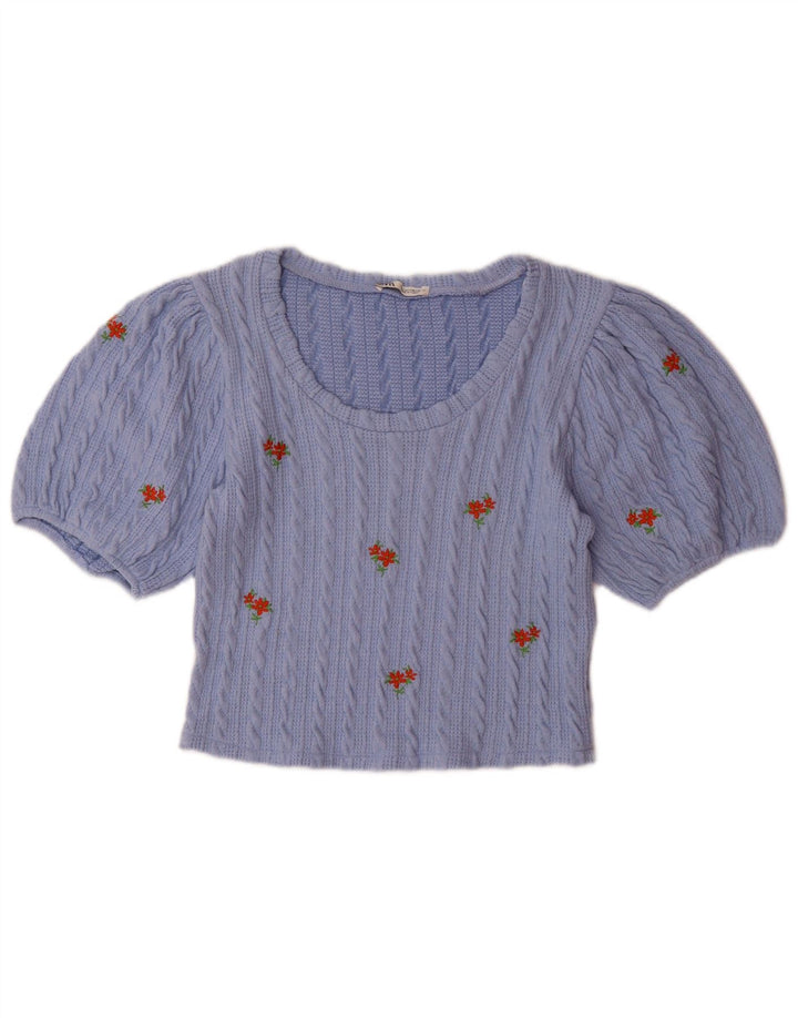 ZARA Womens Crop Blouse Top UK 14 Large Blue Floral Polyester