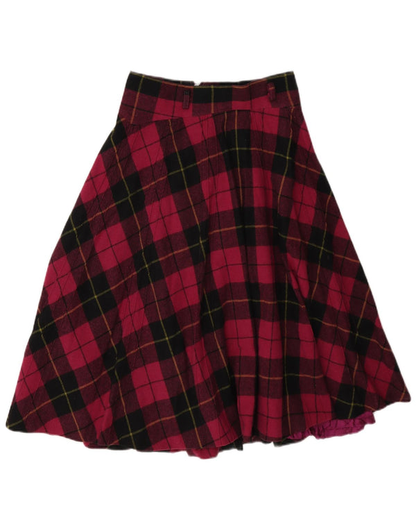 Vintage Womens High Waist Flared Skirt W26 Small Burgundy Plaid Viscose