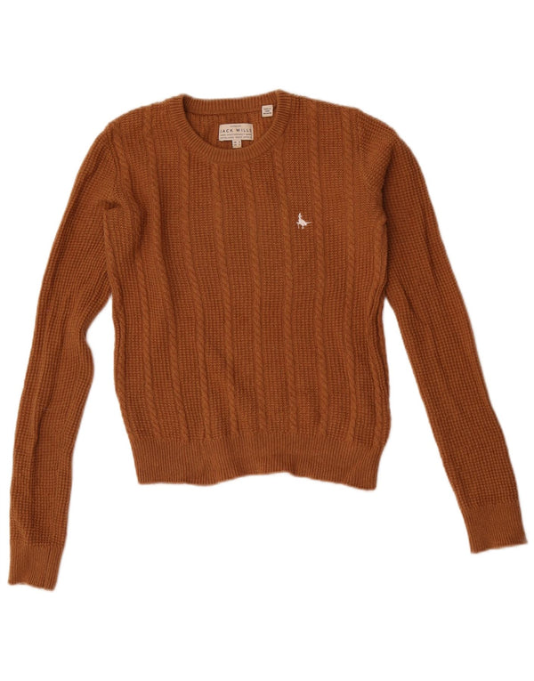Jack Wills Womens Crop Crew Neck Jumper Sweater UK 8 Small Brown Wool