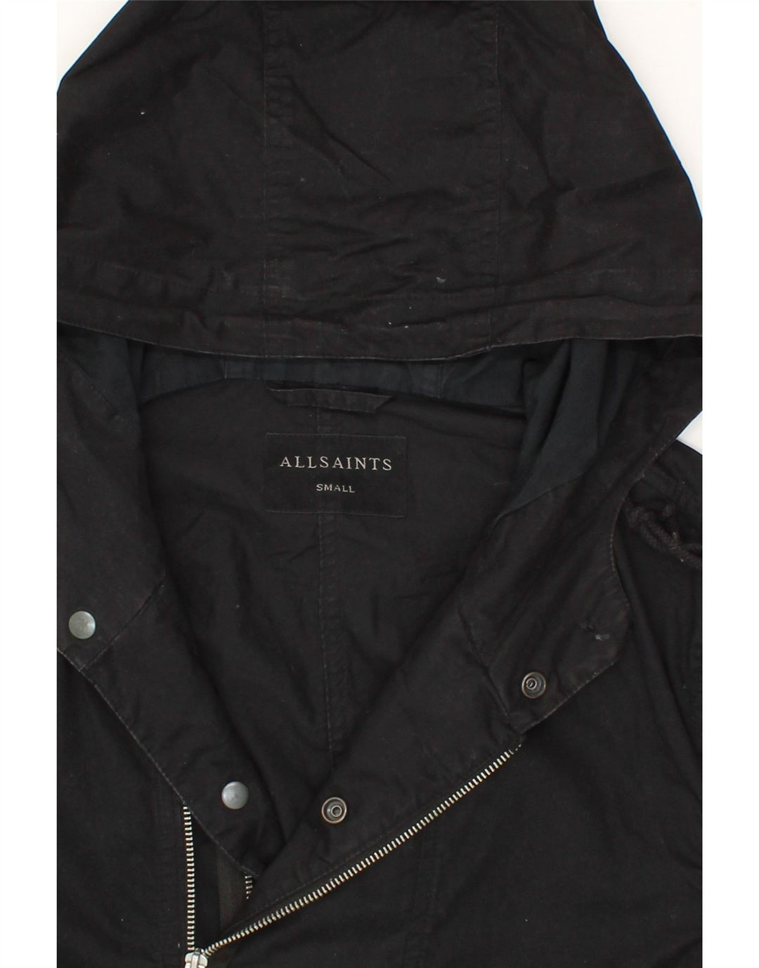 ALL SAINTS Womens Hooded Parka Jacket UK 10 Small Black Cotton Vintage All Saints and Second-Hand All Saints from Messina Hembry 