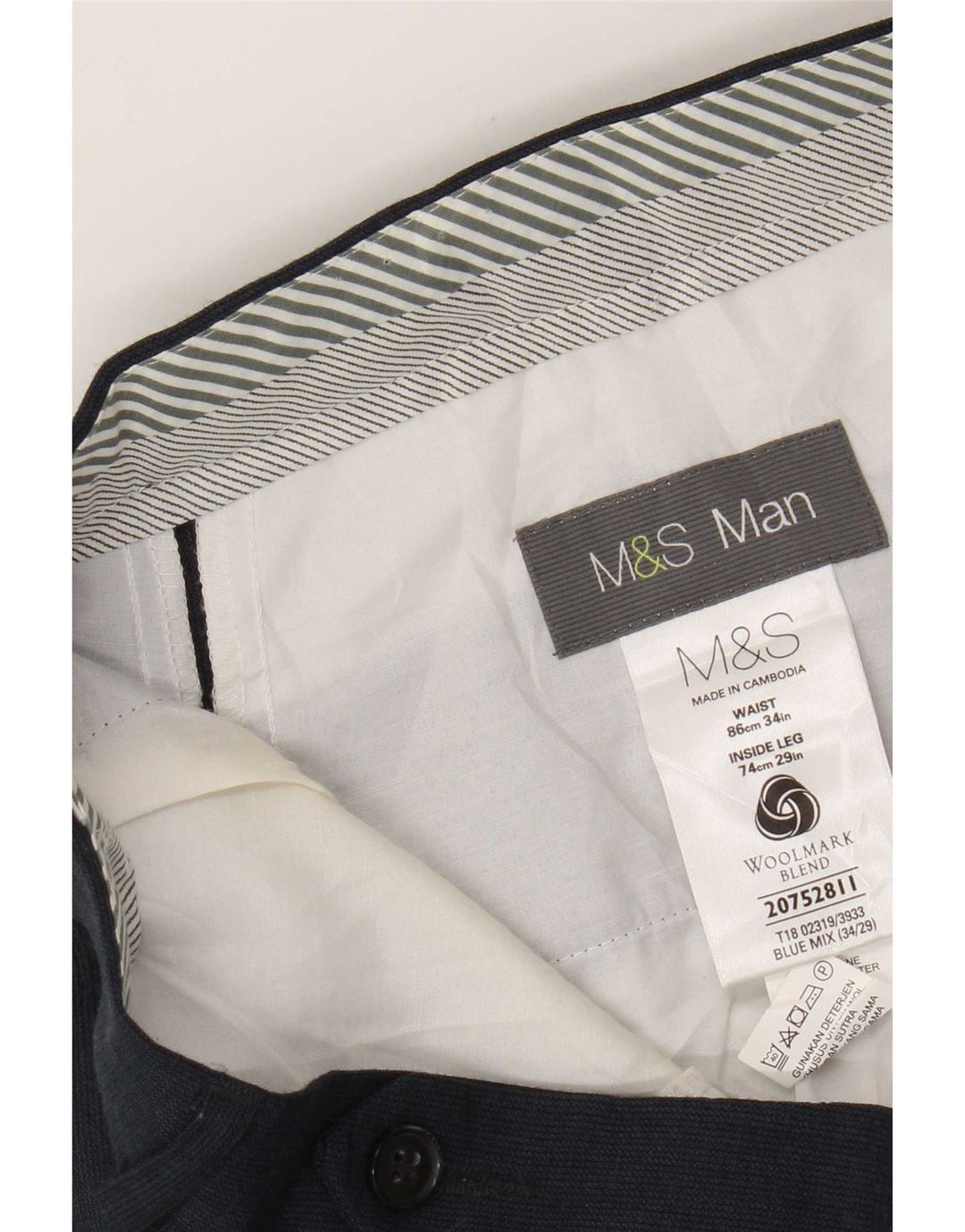 Marks & Spencer Pantalon de Costume Droit Homme W34 L29 Bleu Marine Laine