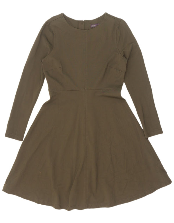 Marks & Spencer Damen-Langarmkleid in A-Linie, UK 12, mittlere Khaki-Viskose