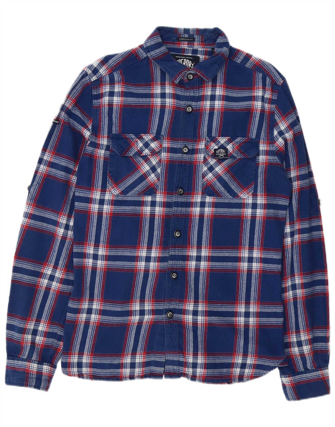 Superdry Mens Flannel Shirt Large Navy Blue Check Cotton