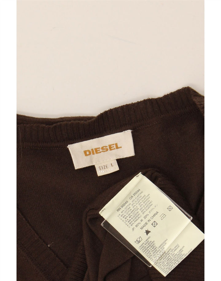 DIESEL Mens V-Neck Jumper Sweater Large Brown Cotton