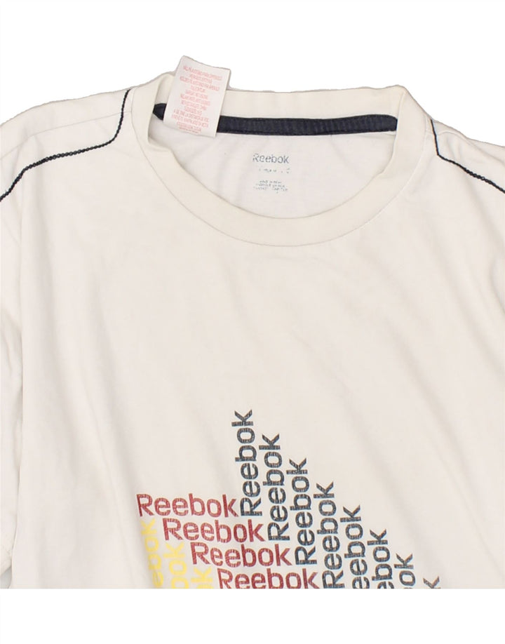 REEBOK Womens Graphic T-Shirt Top UK 14 Medium White Cotton Vintage Reebok and Second-Hand Reebok from Messina Hembry 
