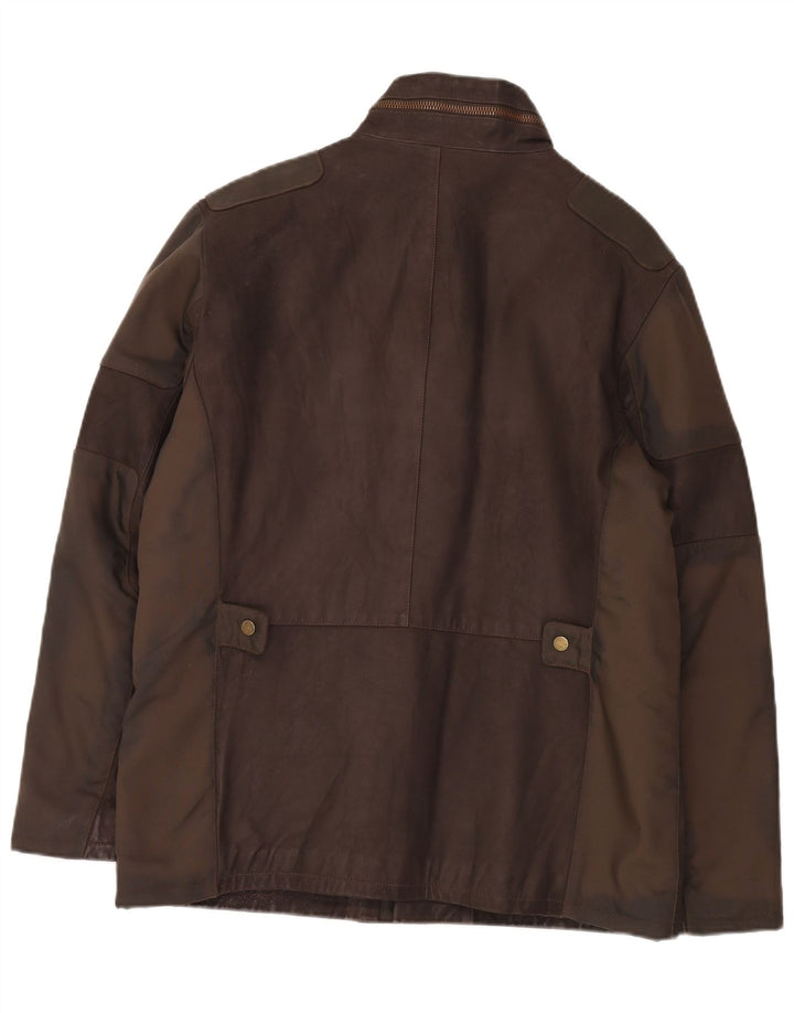 Giacca in pelle vintage da uomo con cappuccio IT 52 grande marrone