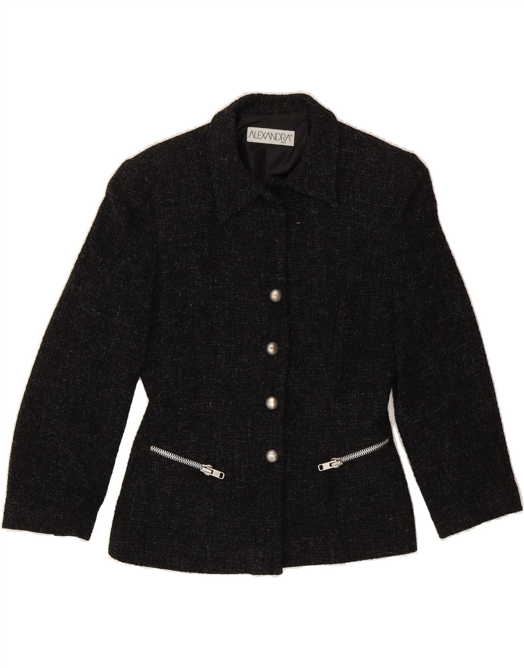 ALEXANDRA Womens 4 Button Blazer Jacket UK 14 Medium Black Flecked Wool Vintage Alexandra and Second-Hand Alexandra from Messina Hembry 