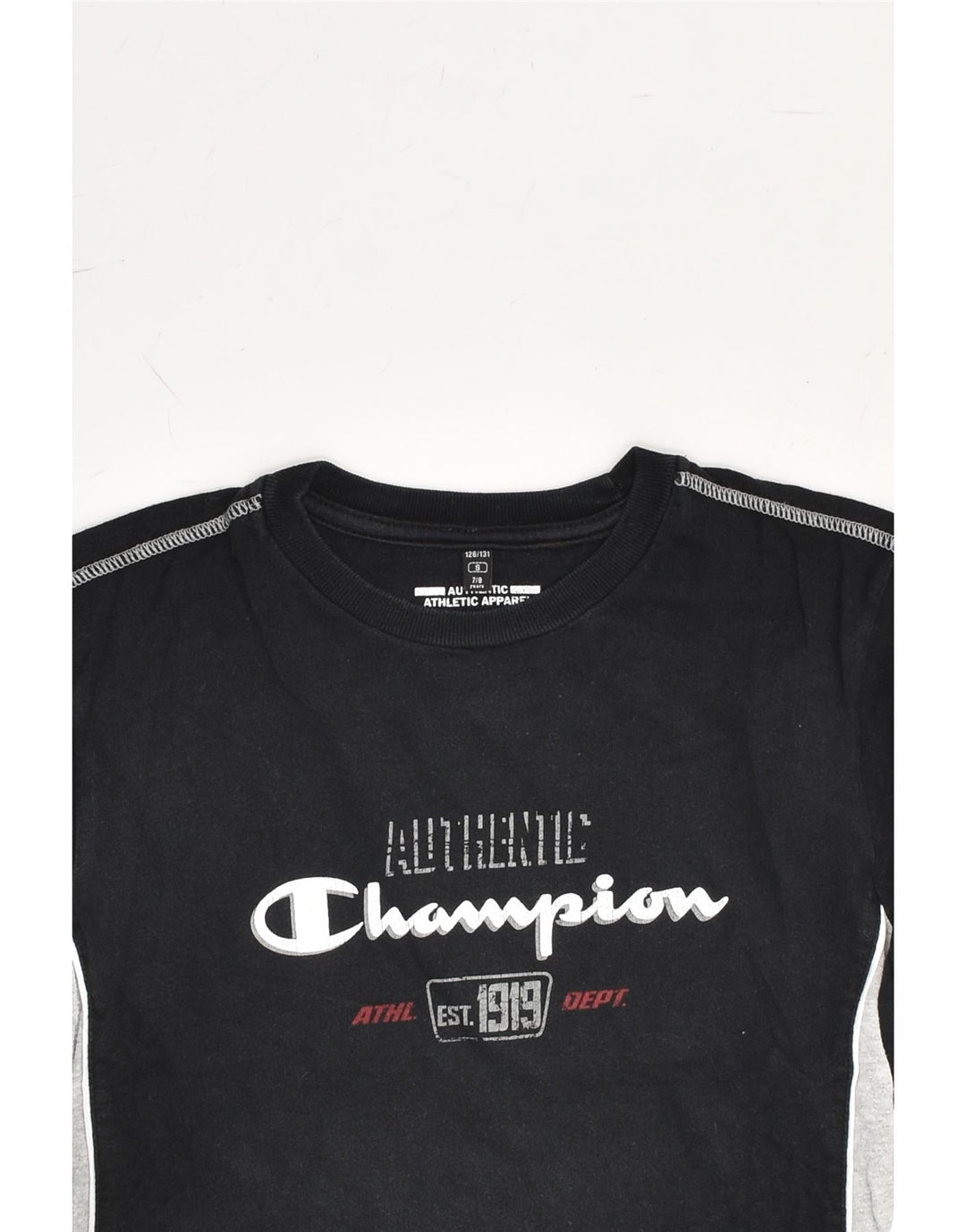 CHAMPION Boys Graphic Top Long Sleeve 7-8 Years Smal Black Colourblock | Vintage Champion | Thrift | Second-Hand Champion | Used Clothing | Messina Hembry 