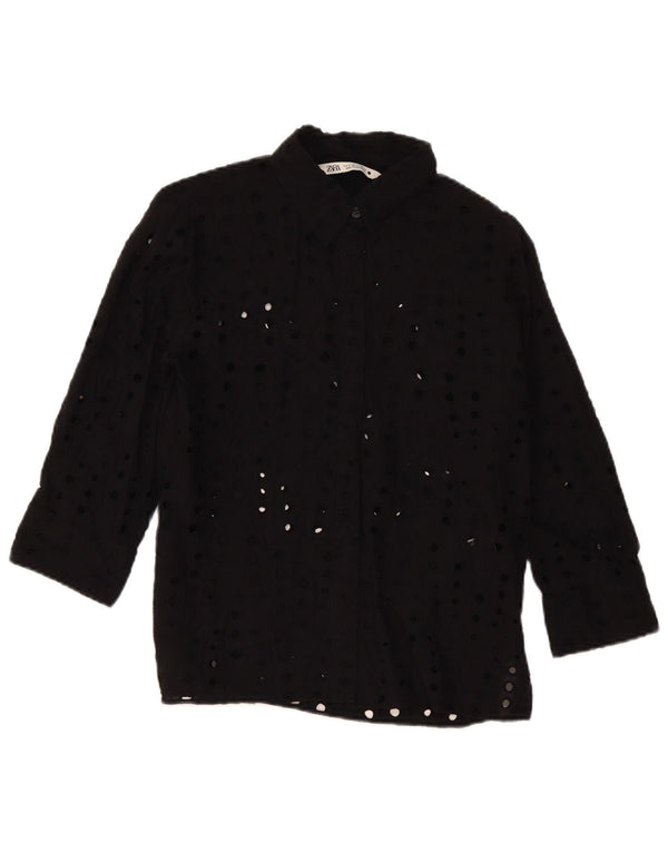Zara Damen-Hemdbluse mit 3/4-Ärmeln, UK-Größe 44, mittelschwarz, Baumwolle