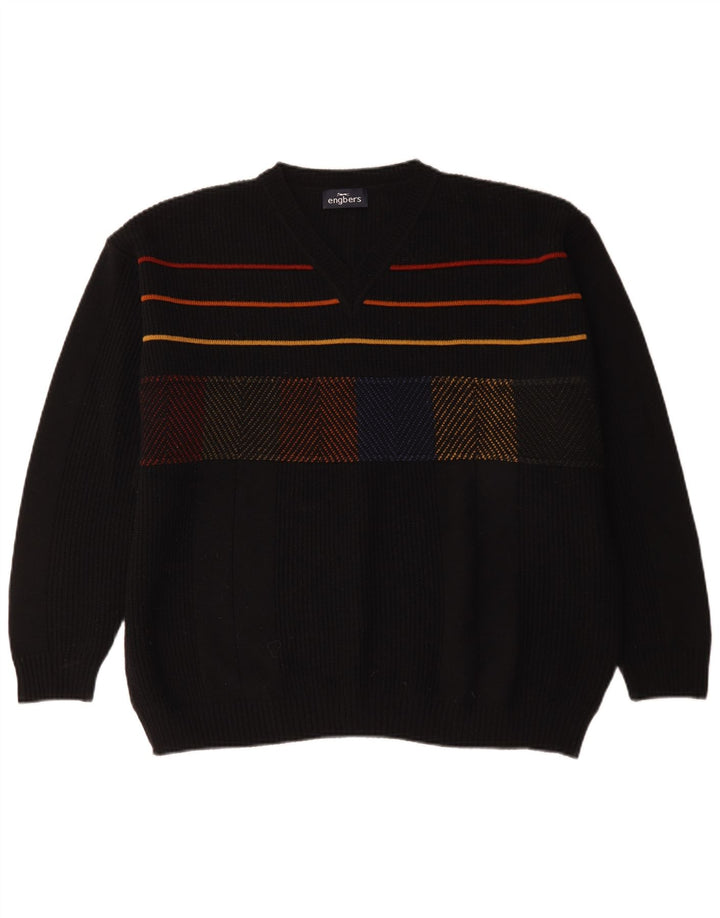 Engbers Mens V-Neck Jumper Sweater EU 54 XL Black Striped Wool