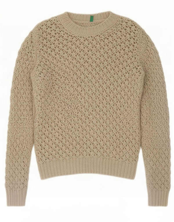 Benetton Womens See Through Crew Neck Jumper Sweater UK 16 Large Beige