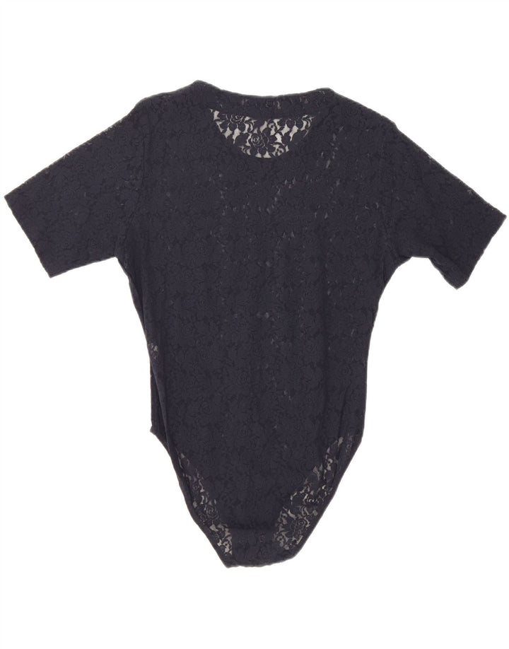 VINTAGE Womens Bodysuit UK 14 Large Navy Blue Floral Polyamide Vintage Vintage and Second-Hand Vintage from Messina Hembry 