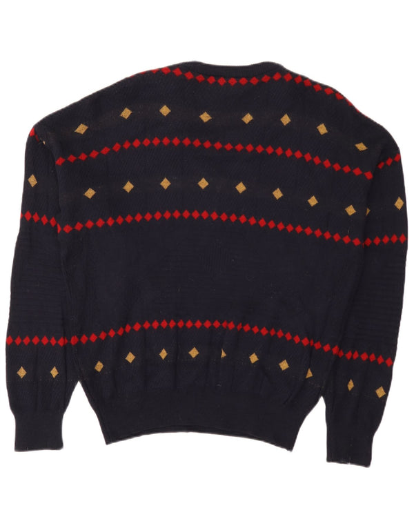 Vintage Mens V-Neck Jumper Sweater EU 38 Small Navy Blue Geometric