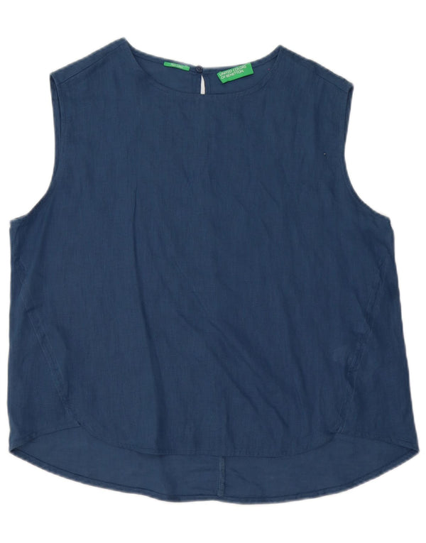 Benetton Dame Ærmeløs Oversized Bluse Top UK 10 Small Navy Blue Linen