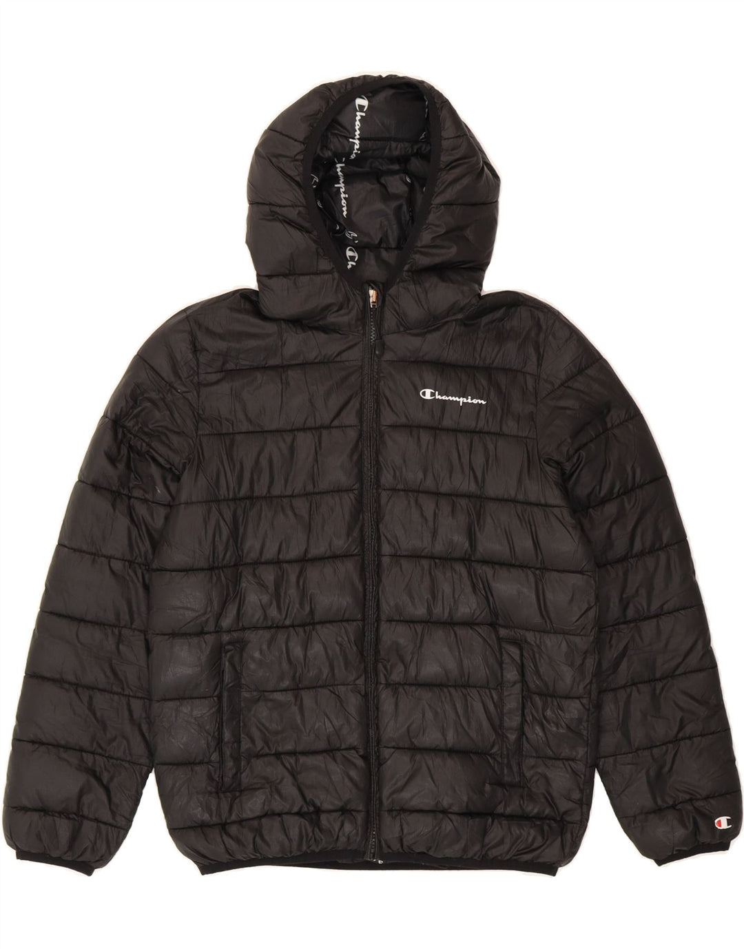 CHAMPION Girls Hooded Padded Jacket 11-12 Years Large Black Polyester Vintage Champion and Second-Hand Champion from Messina Hembry 