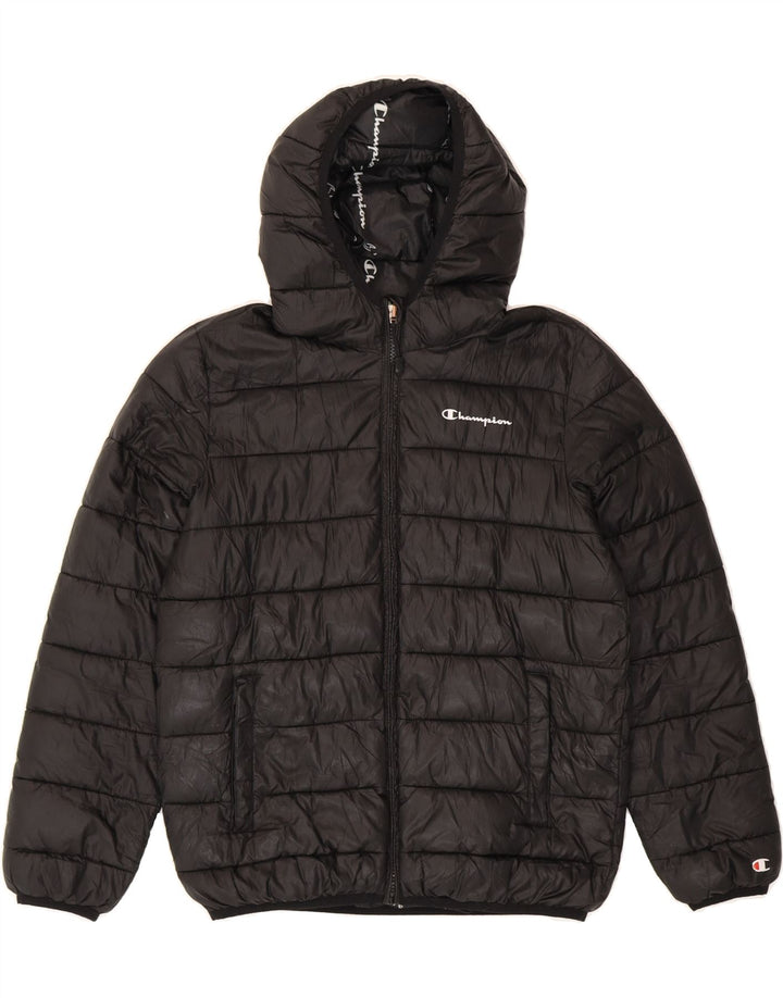 CHAMPION Girls Hooded Padded Jacket 11-12 Years Large Black Polyester Vintage Champion and Second-Hand Champion from Messina Hembry 