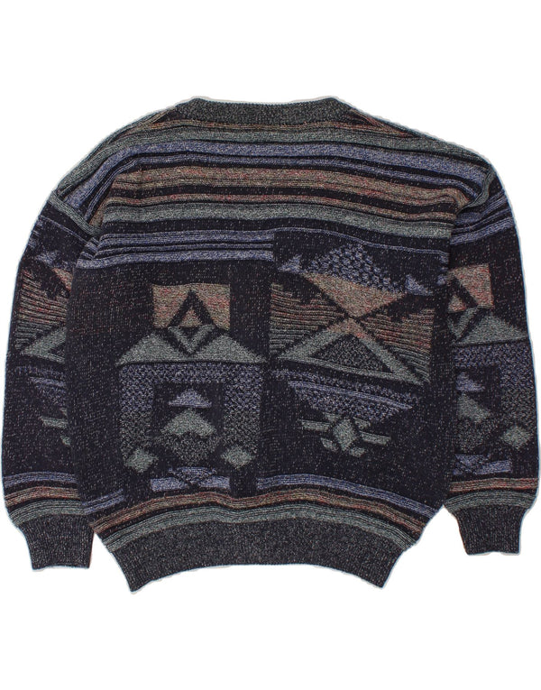 ENZO LORENZO Cardigan Homme Pull Large Bleu Marine Géométrique