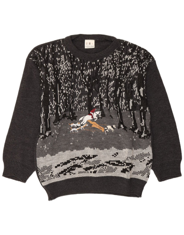 vintage Mens Graphic Boat Neck Jumper Pull Grand Gris