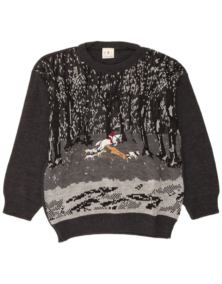 Maglione vintage da uomo con collo a barca con grafica, grande grigio