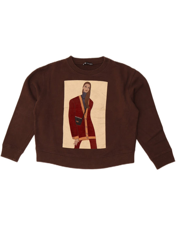 Moletom feminino Zara Crop Graphic Oversized Jumper Reino Unido 10 Pequeno Marrom