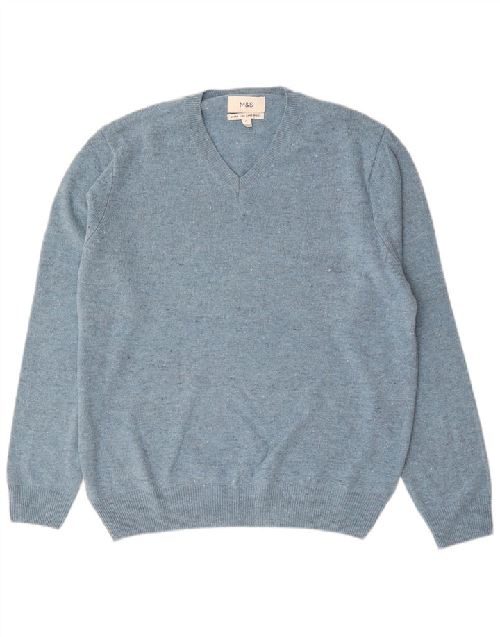 Marks & Spencer Pull col V pour homme XL en laine d'agneau mouchetée bleu