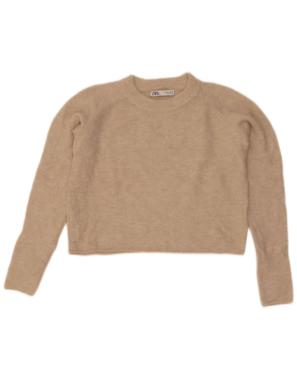 Zara Mujer Oversize Crop Crew Neck Jumper Sweater UK 10 Small Beige