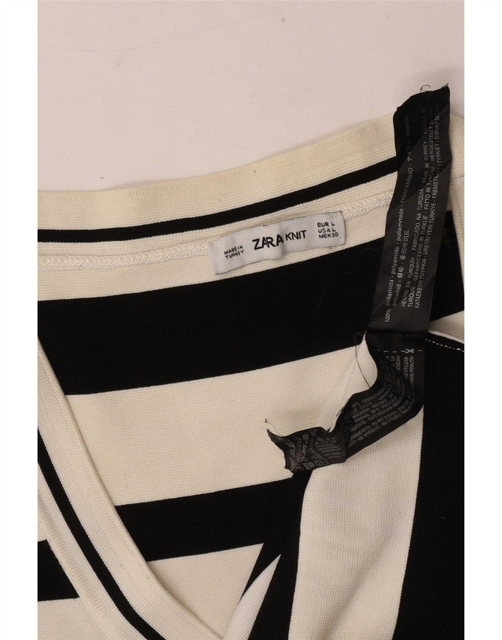 Zara Womens Top 3/4 Sleeve UK 14 Large White Striped Polyamide