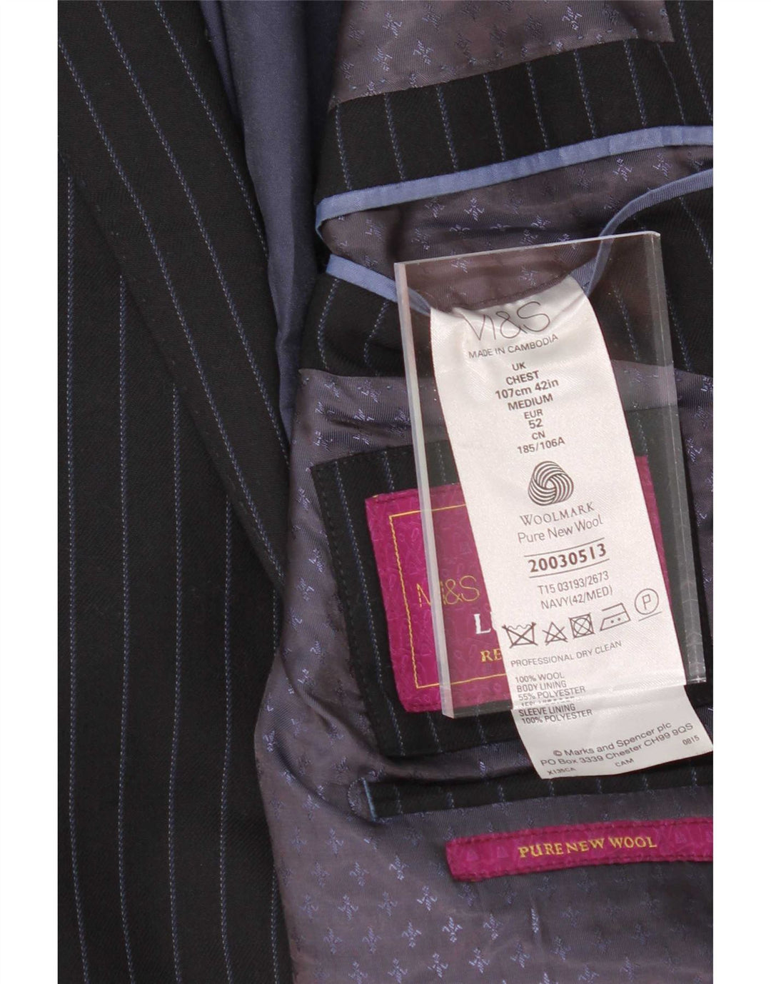 Giacca blazer a 2 bottoni da uomo Marks & Spencer UK 42 grande gessato blu navy