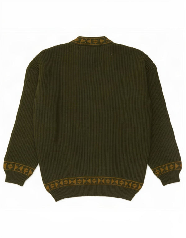 Vintage Mens Crew Neck Jumper Sweater Medium Green Geometric Wool