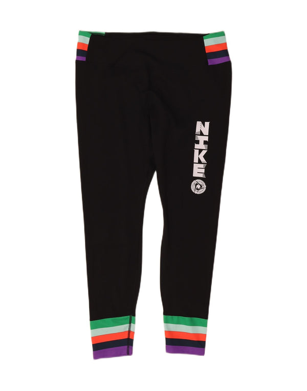 Nike Womens Dri Fit Graphic Leggings UK 16 Large Black Colourblock