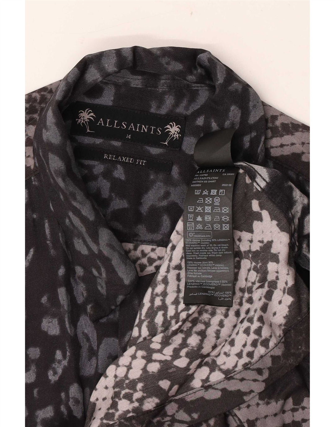 All Saints Mens Short Sleeve Shirt Medium Navy Blue Animal Print