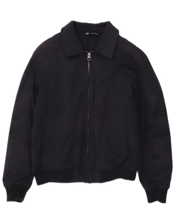 Zara Mens Bomber Jacket UK 38 Medium Navy Blue Polyester