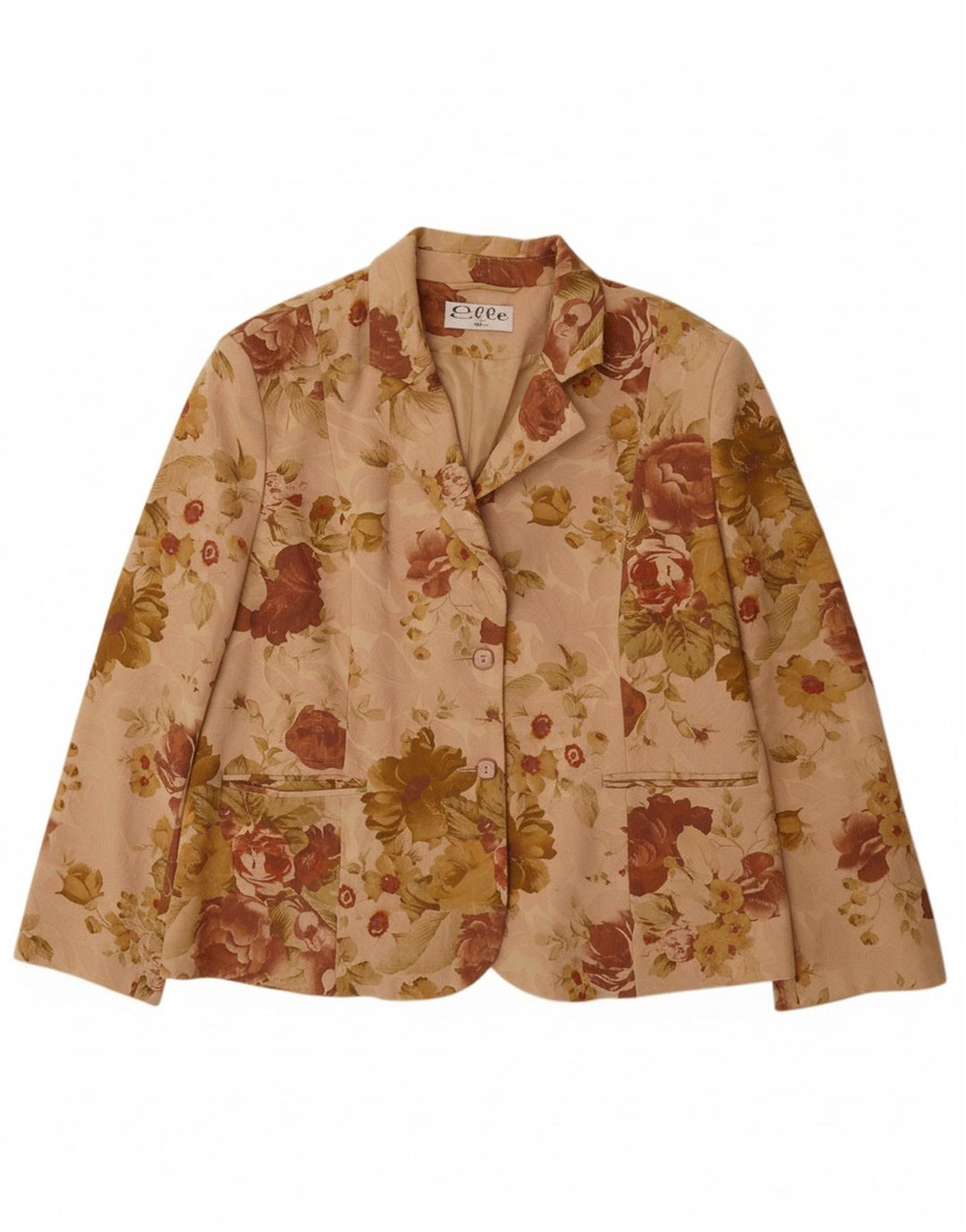 ELLE Womens 2 Button Blazer Jacket UK 20 2XL Beige Floral Cotton