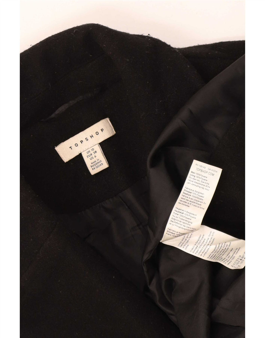 Topshop Damen Übergroßer zweireihiger Mantel UK 10 Small Schwarz Polyester