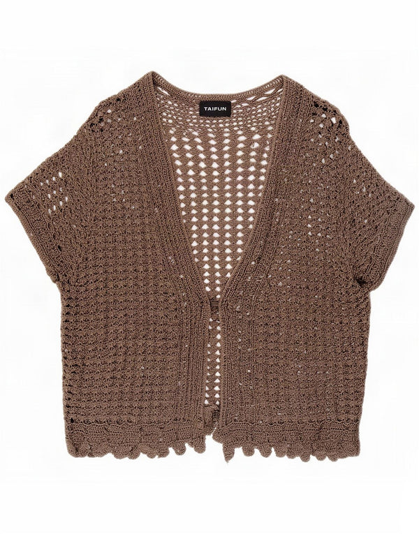 Taifun Womens Crop Crochet Cardigan Top UK 14 Large Grey Viscose
